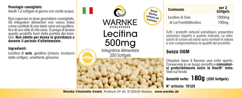 [Australia] - Lecithin 500mg - from soy - 250 softgels - GMO-free - high dosage - large pack | Warnke vital substances - German pharmacy quality 