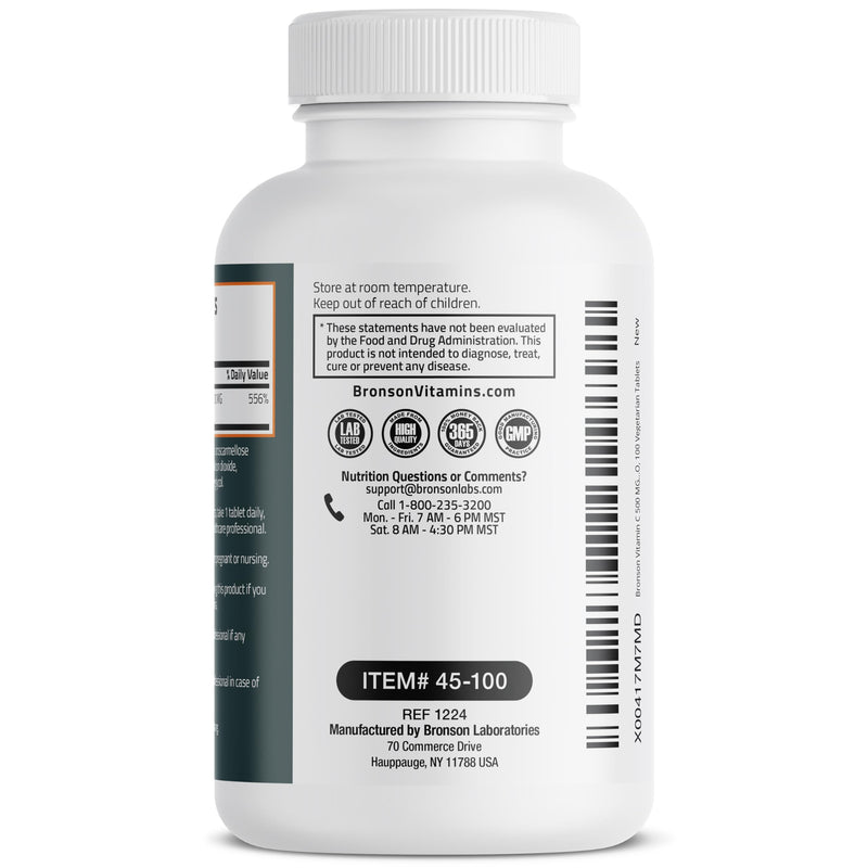 Bronson Vitamin C 500 mg Immune & Antioxidant Support, Non-GMO, 100 Tablets | Daily Vitamin C Replenishment, Vegetarian Formula, Gluten-Free & Soy-Free 100 Count (Pack of 1)
