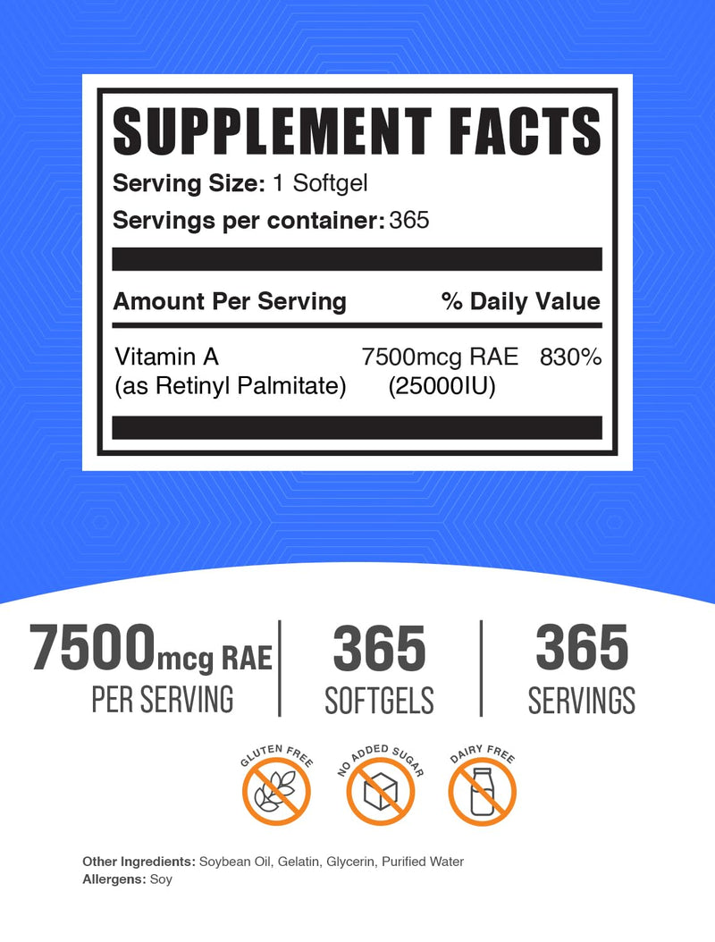 [Australia] - BulkSupplements.com Vitamin A 25000 IU Softgels - Vitamin A Supplement, as Retinyl Palmitate, for Eye & Immune Support - Gluten Free, 1 Softgel per Serving, 365 Count (Pack of 1) 365 Count (Pack of 1) 