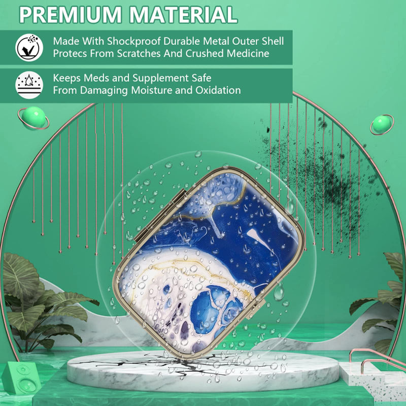 Pill Organizer Pill Box with Mirror Retro Small Pill Case for Purse or Pocket Bronze Pill Box or Vitamins, Fish Oil, Supplements, Pill Containe Travel Gifts（4PCS-Marble-White-Bule） 4 pieces Marble-white-blue