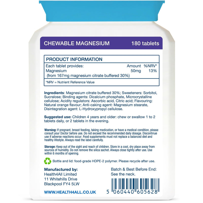 Health4All Kids Magnesium 180 Chewable Tablets for Anxiety, Sleep, Ticks. Tasty Orange Chewable Magnesium Supplement for Children 4+, Vegan, Sugar-Free | Made in UK | Alternative to Glycinate Gummies 180 count (Pack of 1)