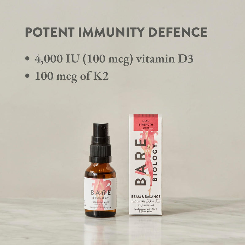 Bare Biology Beam & Balance Vitamin d3 k2 unflavoured Vegan Spray. Maximum Strength: Vitamin d3 4000 iu, with k2 Vitamin Supplements MK-7. Daily Support for Immunity, Bones, Teeth and Muscles