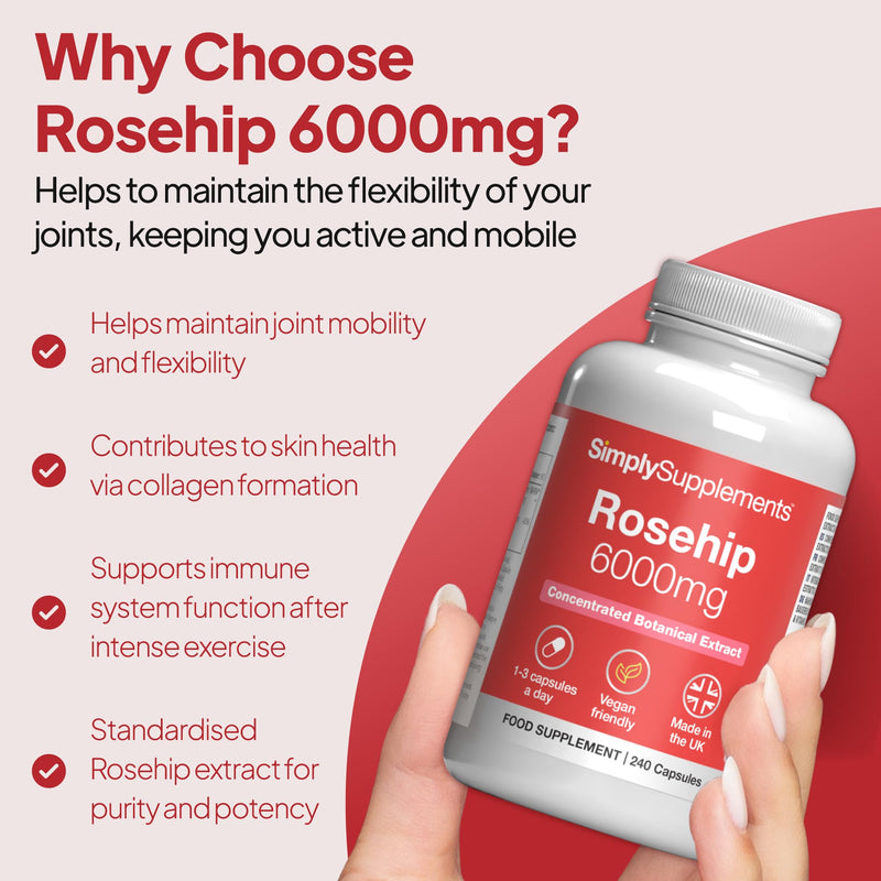 Rosehip Extract 6000mg with Vitamin C | Supports Joint Health & Skin Wellness | Vegans and Vegetarians Friendly | 240 Capsules = 80 Days' Supply | Made in The UK in Accordance with GMP Standards Unflavoured 1 count (Pack of 240)
