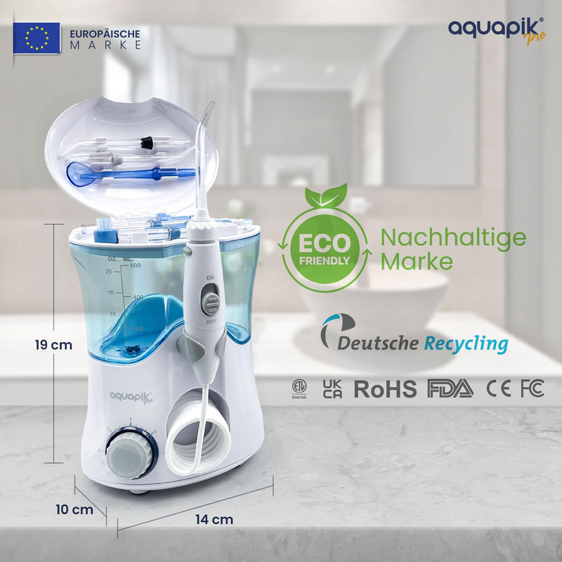 [Australia] - Aquapik® PRO Professional Oral Irrigator | Removes plaque + Recommended by dentists + Cares for your implants and braces | Oral irrigator with 8 nozzles + 10 pressure levels + 600 ml capacity white 