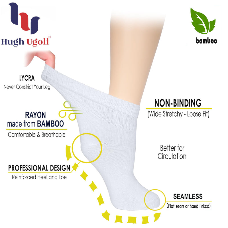 [Australia] - Hugh Ugoli Women's Bamboo Diabetic Ankle Socks, Super Soft Seamless Toe Non Binding, Wide, Loose Fit & Stretchy, 3 Pairs 6-9 01- White (3 Pairs) 