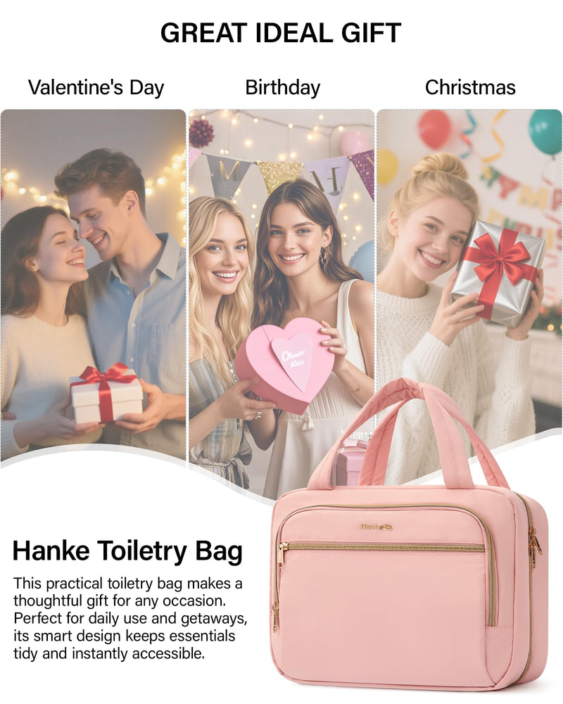 Hanke Hanging Travel Toiletry Bag for Women, Water-Resistant Makeup Organizer with Hook, Cosmetic Bag for Bathroom & Travel Essentials Accessories, Pink