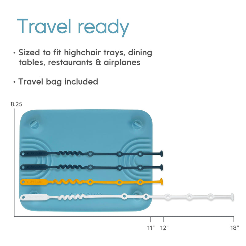 [Australia] - NumNum Silicone Placemat w/Pincer Grasp Grooves for Toddlers, Baby, & Kids - 4 Attachable Tethers & Built-in Suction Cups - Easy to Clean - Non-Slip for High Top & Dining Table w/Travel Bag - Blue 