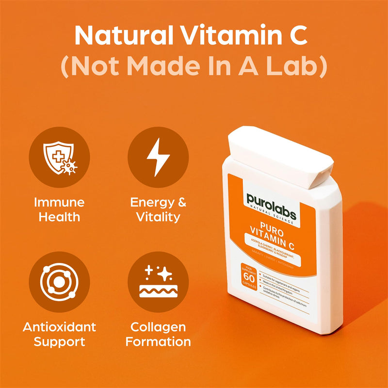 Purolabs Vitamin C Capsules – Wholefood, High Strength Vitamin C Supplement with Acerola Cherry, Rosehip, Blackcurrant & Elderberry for Immune Support and Antioxidant Benefits – 60 Vegan Capsules