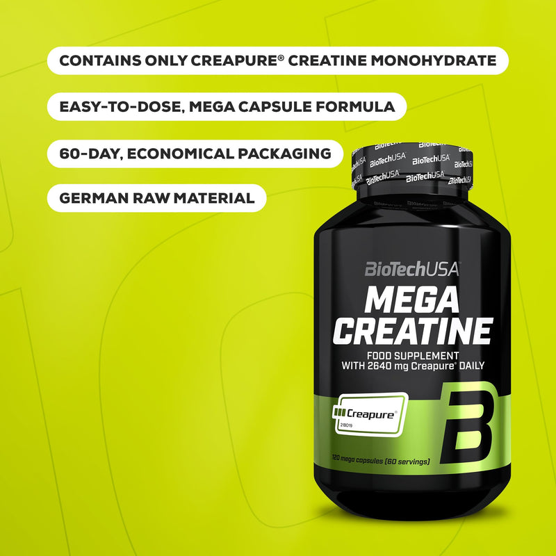 BioTechUSA Mega Creatine | Creapure® Creatine Monohydrate | High-Absorption Capsules | Lactose & Gluten-Free | 60-Day Supply | Ideal for Athletes & Active Adults | 120 mega Capsules