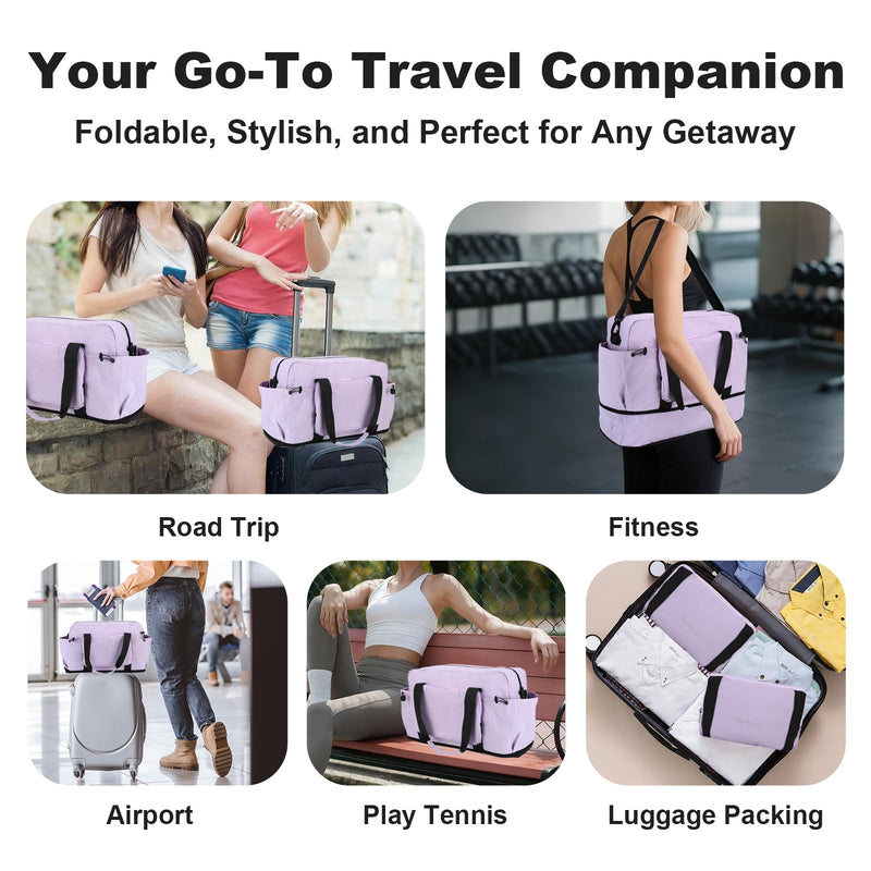 Foldable & Expandable Personal Item Travel Bag,Purple | Waterproof ,Wet-Dry Compartment ,Luggage Sleeve,Detachable Crossbody Strap,Carry on Bag,Weekender Bag,Women,Gym,Overnight Bag Purple