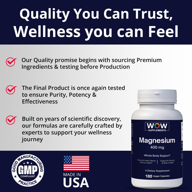WOW Supplements Magnesium 400 mg Complex - Supplement for Men and Women - Citrate, Aspartate & Magnesium Oxide 400mg - 180 Capsules
