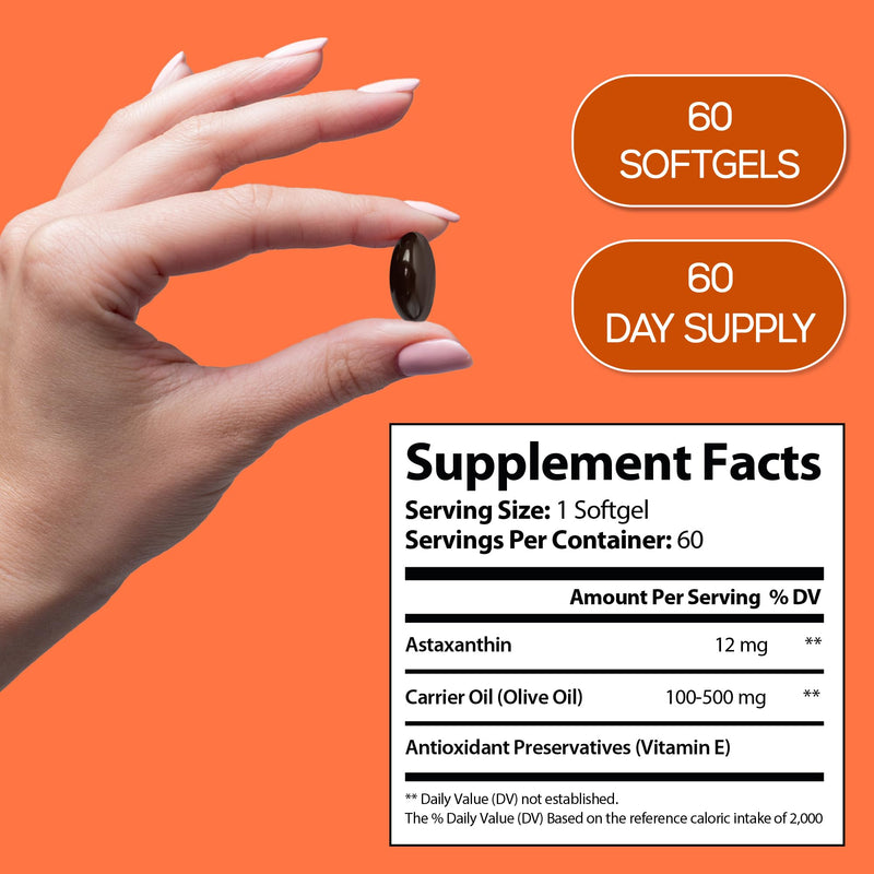 Astaxanthin 12mg, Vegan Supplement with Olive Oil, Microalgae-Based, 60 Softgels