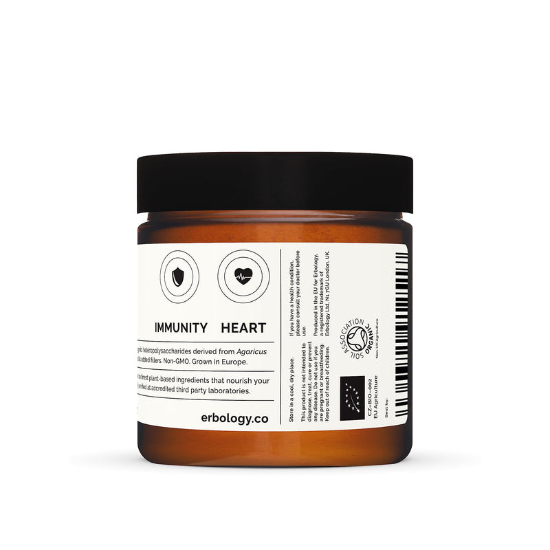 Erbology Organic Agaricus Blazei Mushroom Powder 50 Servings - 25% Beta-glucans - Immunity and Heart Support - Small Batch - Sustainably Grown in Europe - Vegan - Non-GMO - No Added Fillers