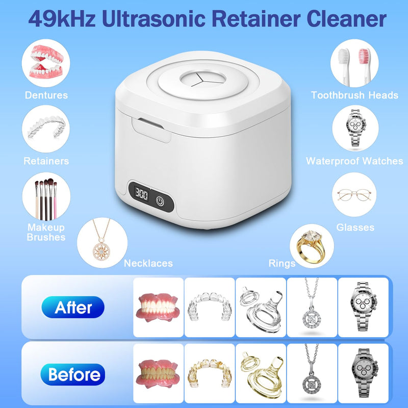 [Australia] - Ultrasonic Retainer Cleaner with UV, 300ML, 49kHz, Dental Cleaning Pod for Dentures, Aligners, Night Guards, Braces, Toothbrush Heads, Jewelry, Mouth Guard, 4 Modes with Digital Timer 