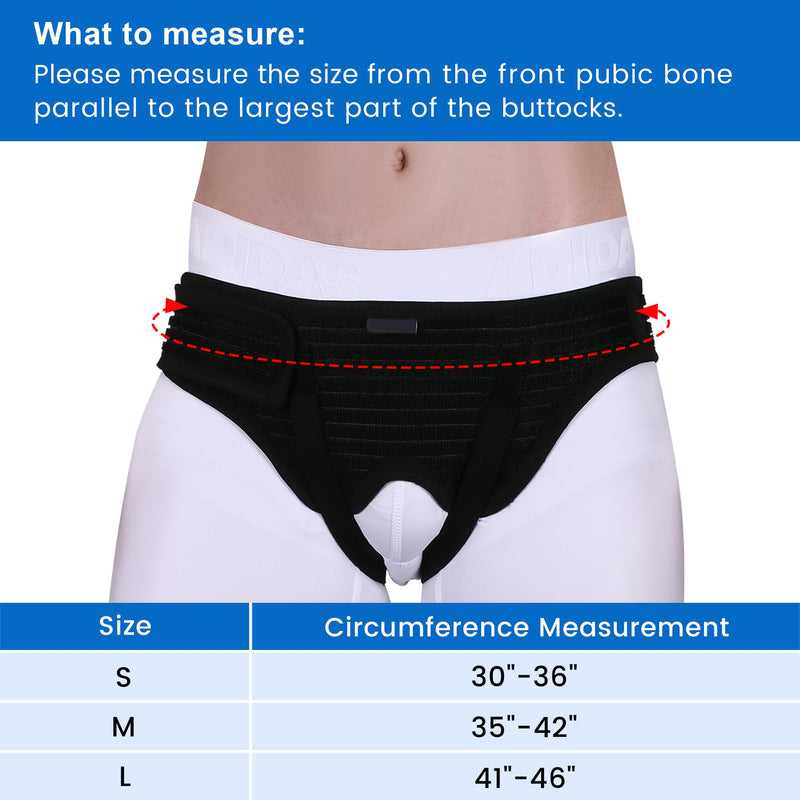 [Australia] - VELPEAU Hernia Belt Truss for Men and Women - Hernia Support Brace for Single/Double Inguinal or Sports Hernia, 2 Removable Compression Pads & Adjustable Groin Straps(Medium, Hip Circumference 35-42") Medium Black 