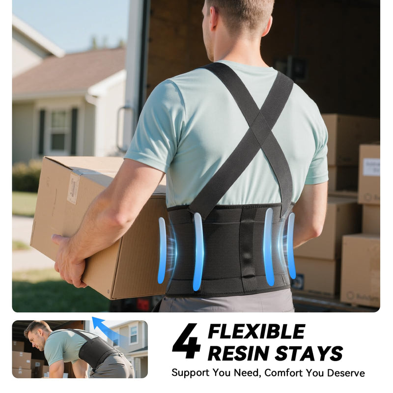 [Australia] - Work Back Brace for Men & Women, Adjustable Lower Back Support Belt with Suspenders for Back Pain Relief, Moving Construction Warehouse Heavy Lifting Safety & Protection (Black, Large) Black 