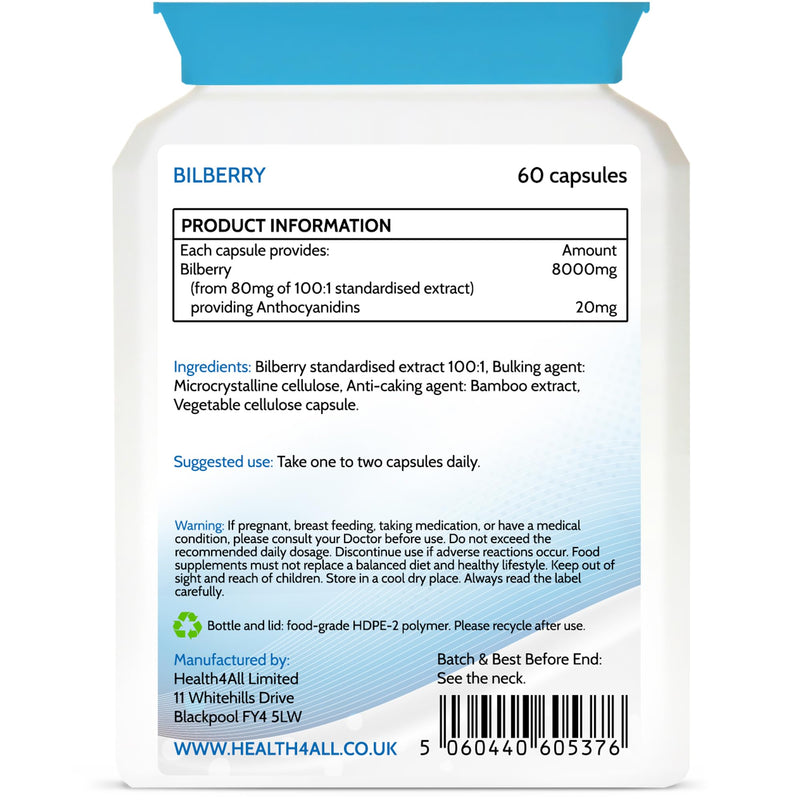 Health4All Bilberry Extract 8,000mg per Capsule, 60 Capsules 2 Months Supply, Pure High Strength Bilberry Eye Supplement, Antioxidant for Eye Health with Anthocyanidins, Easy to Swallow | Made in UK 60 count (Pack of 1)