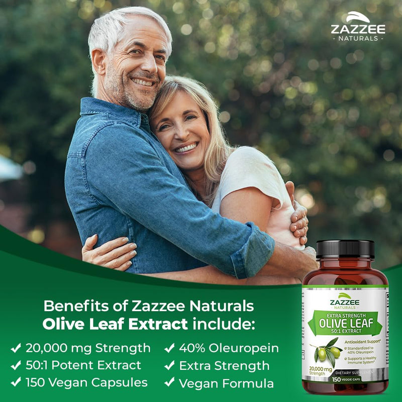 [Australia] - Zazzee Extra Strength Olive Leaf 50:1 Extract, 20,000 mg Strength, 40% Oleuropein, 150 Vegan Capsules, 5 Month Supply, Concentrated and Standardized 50X Extract, 100% Vegetarian, Non-GMO, All-Natural 
