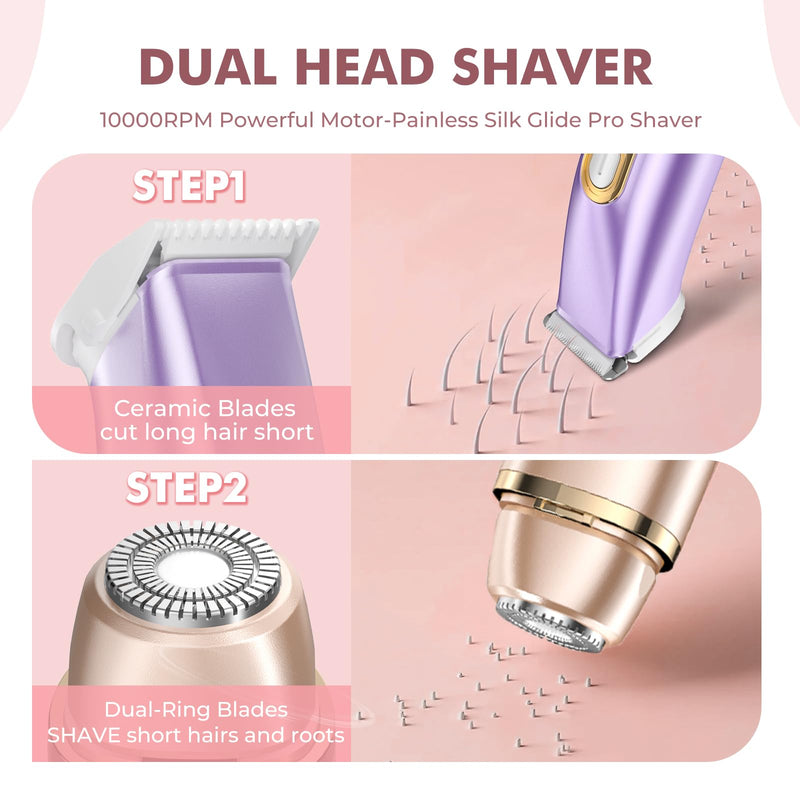 [Australia] - 2 in 1 Bikini Trimmer for Women, Dual Head Electric Razor, IPX7 Waterproof Wet/Dry Use Women Electric Shaver, Painless Body Facial Hair Remover for Bikini Legs Arm Underarm, (Lavender) Lavender 