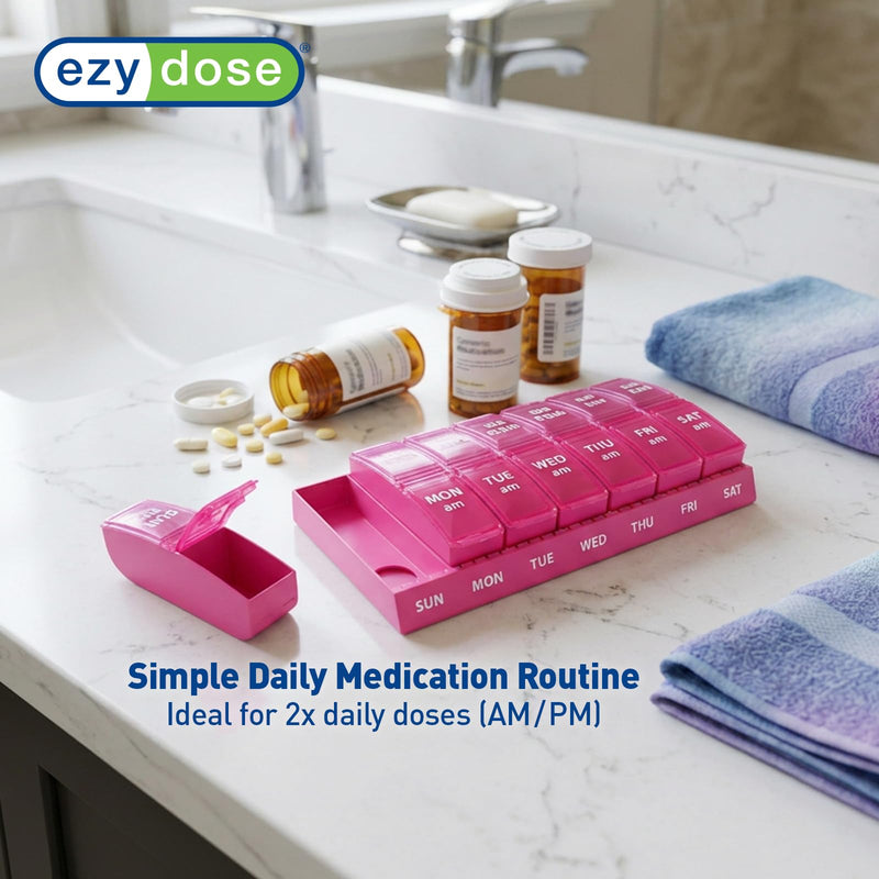 Ezy Dose Weekly (7-Day) AM/PM Pill Organizer, Small Medicine Planner, Pink | Daily Vitamin & Supplement Prescription Box, Compact Pop-Out Compartments, 2 Times a Day Holder, Travel-Friendly, BPA-Free