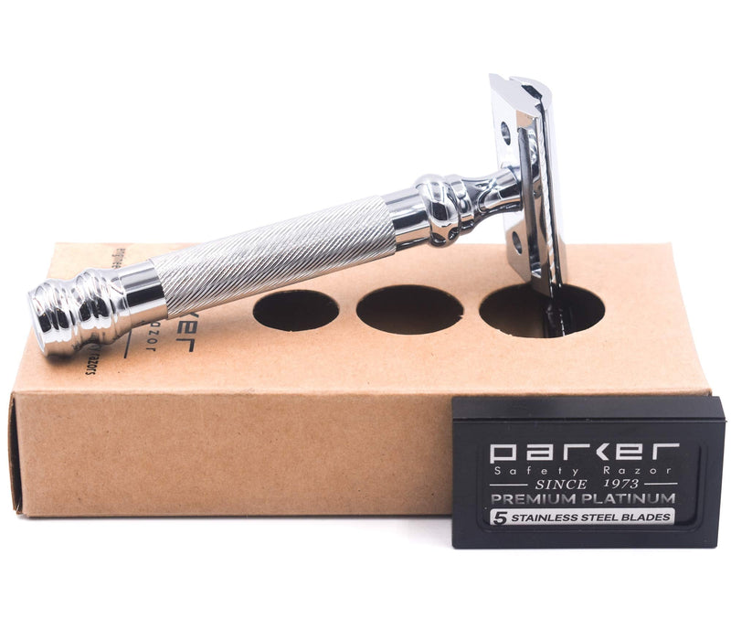 [Australia] - Parker 98R Heavyweight 3-Piece Double Edge Safety Razor – Long Handle, Closed Comb Design for Smooth Wet Shaving, Includes 5 Platinum Blades – Iconic Brand in Traditional Shaving Silver 1 Count (Pack of 1) 