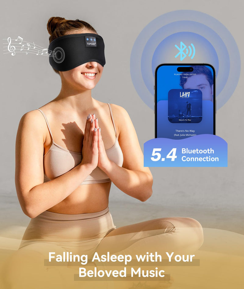 [Australia] - TOPOINT Sleep Mask with Headphones Bluetooth 5.4 Wireless, Sleep Headphones Earphones Earbuds with Microphone HD Speakers Music, Blackout Eye Mask for Sleeping Travel Meditation Men Women Cool Gadgets Ample Velvet Black 