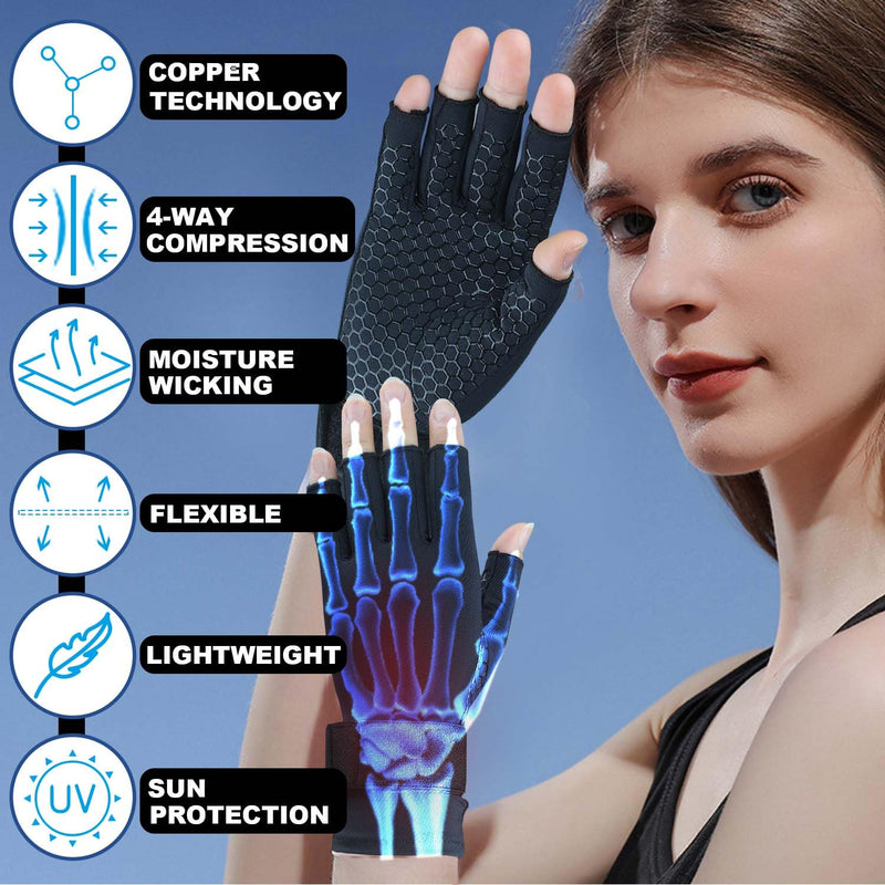 [Australia] - 2 Pairs Copper Arthritis Gloves for Women Men, Compression Gloves with Adjust Strap for Arthritis, Wrist Support, Hand Pain, Fingerless Computer Typing Gloves for Carpal Tunnel, RSI (Large/X-Large) Large / x-Large Black 