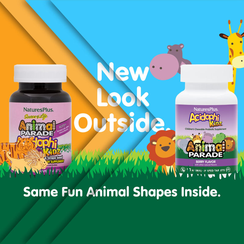 [Australia] - NaturesPlus Animal Parade AcidophiKidz, Berry Flavor - 90 Chewable, Animal-Shaped Tablets - Pack of 2 - with Probiotics, FOS & Grape Seed - 180 Total Servings 