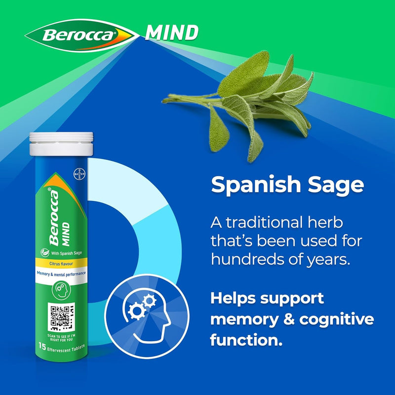 Berocca Mind Effervescent Tablets Including B Vitamins, with Spanish Sage to Support Memory and Mental Performance - 15 Tablets x 4 Pack - Citrus Flavour 1 count (Pack of 60)