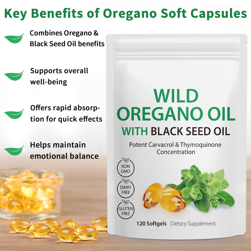 1 Pack Oregano Oil Supplement, Oil of Oregano Softgels, Oregano Oil Supplement Capsules, 2 in 1 6000mg Oil of Oregano with Black Seed Oil