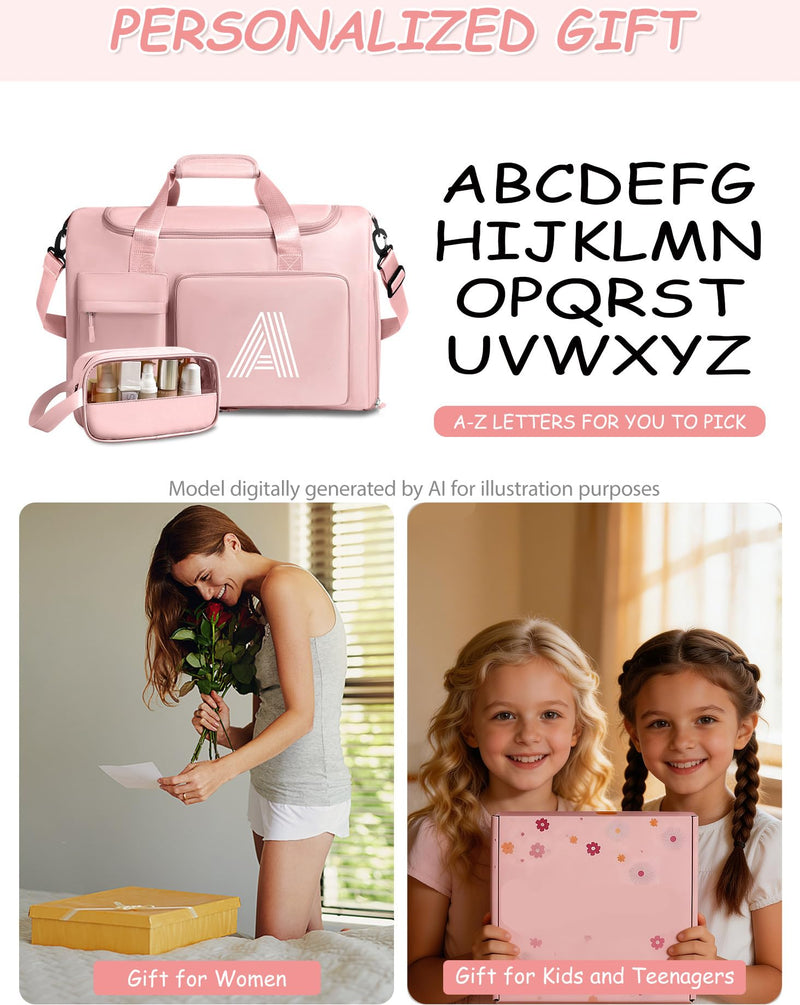 Gifts for Girls Women, Initial kids Duffle bag with Shoe Compartment, Personalized Duffle Bags for Girls Gym Bag, Birthday Gifts for Kids Women Daughter Sister Friend Wife, Pink N