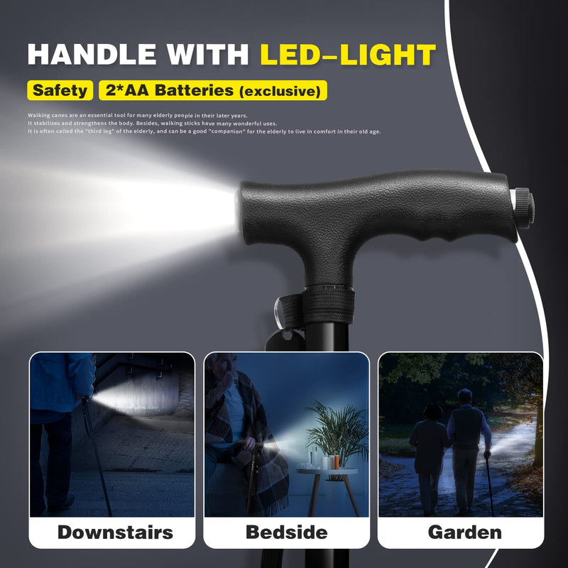 [Australia] - BigAlex Folding Walking Cane with LED Light,Pivoting Quad Base,Adjustable Walking Stick with Carrying Bag for Men/Women Black(33"-38") 