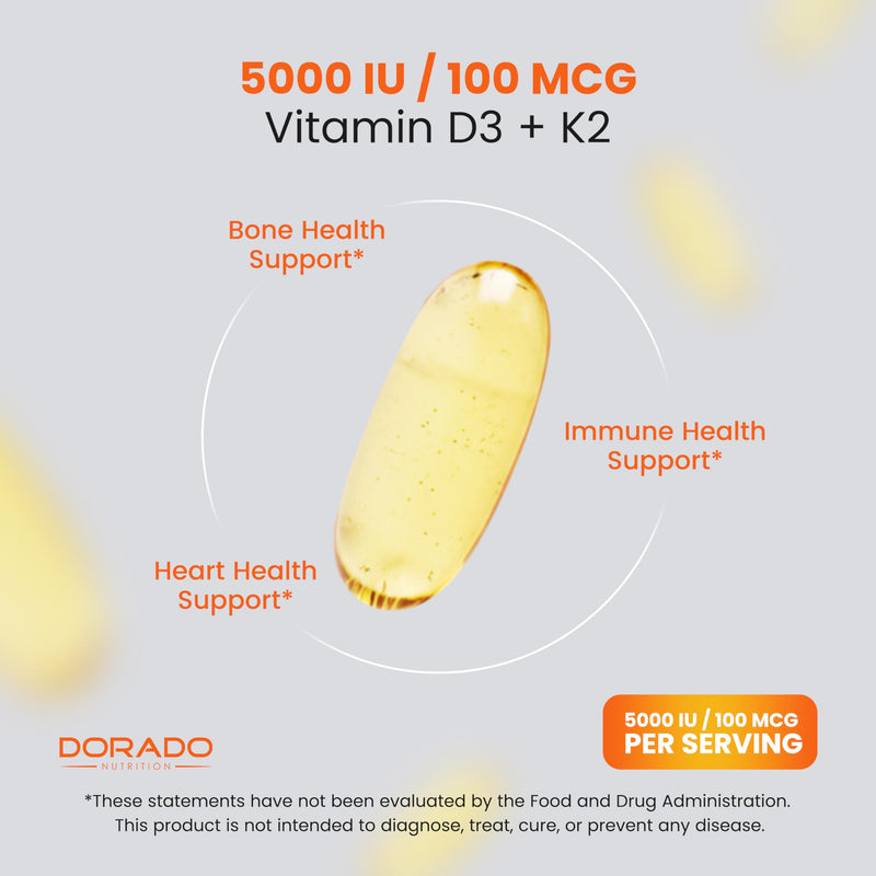 Vitamin D3 K2 Supplement (180 Softgels) Vitamin D3 K2 5000iu/100mcg - Supplement with D & K - Support Bone and Immune Health for Adult - Vegan, NON GMO, Third Party Tested - Made in USA -180 Count