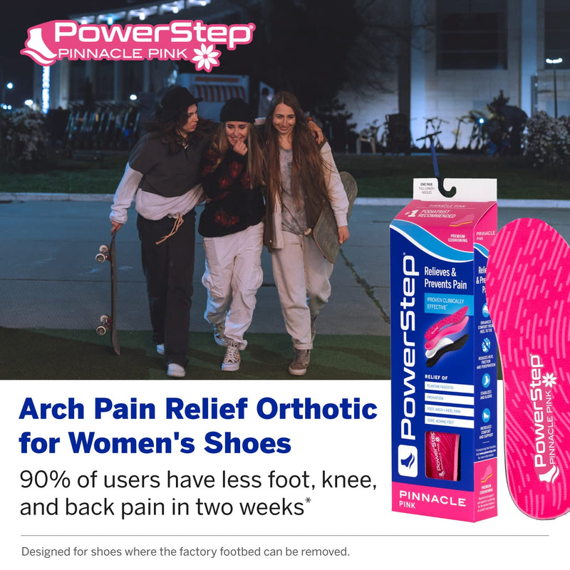 [Australia] - PowerStep Pinnacle Pink Orthotics for Women - Arch Support Inserts for Pain Relief & Plantar Fasciitis - Firm + Flexible for Increased Comfort, Stability and Control from Pronation (W 8-8.5, M 6-6.5) Women's 8-8.5 / Men's 6-6.5 