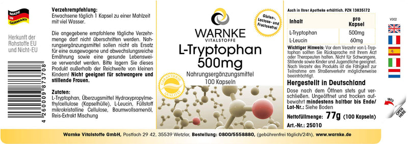 [Australia] - L-Tryptophan 500mg capsules - 100 capsules - high dosage & vegan - amino acid | Warnke vital substances - German pharmacy quality 