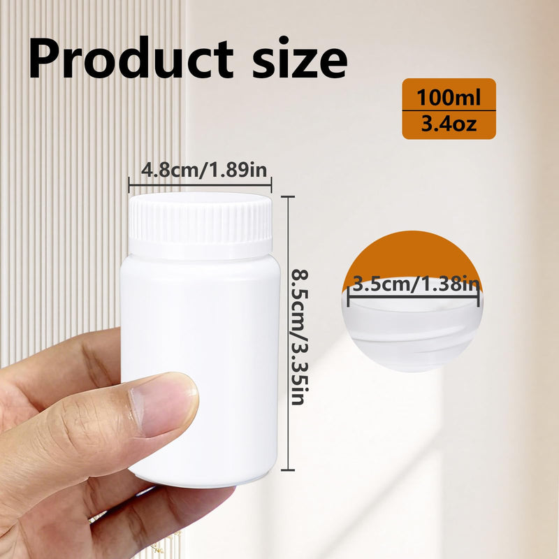 ASEVAT 8 Pack 3.4 oz Travel Pill Bottles - White Food Grade Plastic with Screw Caps & Labels, Small Pill Organizer for Pills, Vitamins, Capsules 3.4oz/100ml