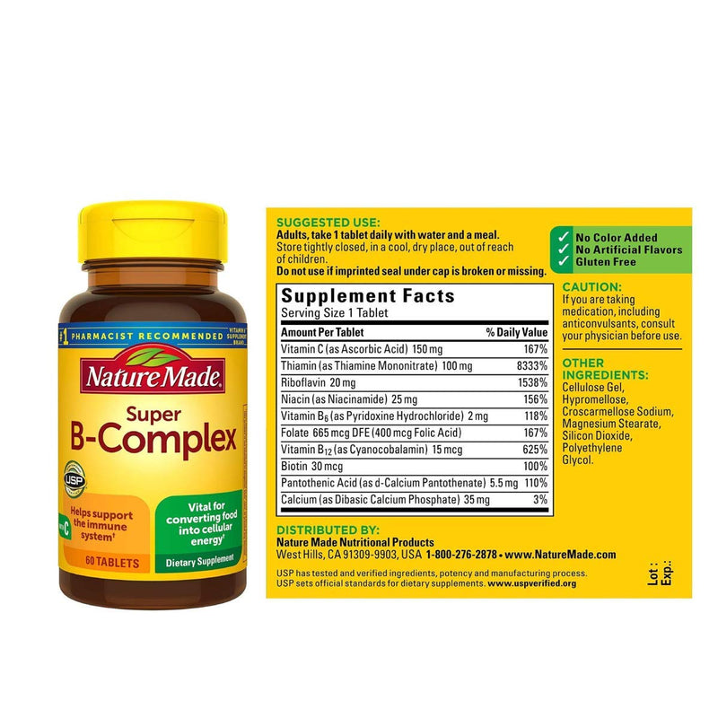 Nature Made Super B-Complex with Vitamin C and Folic Acid, 60 Tablets Unflavored 1 Count (Pack of 60)