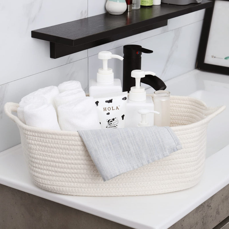 [Australia] - ABenkle Rope Basket, Small Storage Gift Basket, Rectangle Under Shelf Basket, Decorative Boho White Rope Woven Basket with Handle for Baby Dog Toy Egg Fruit Snack Towel Easter 
