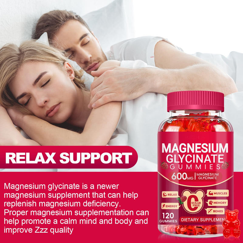Magnesium Glycinate Gummies 600mg, Sugar Free Magnesium Gummies for Adults | High Absorption Magnesium Supplement, Chewable Potassium Supplements for Body Support, Zzz and Relaxation, 120 Count Raspberry 120 Count (Pack of 1)