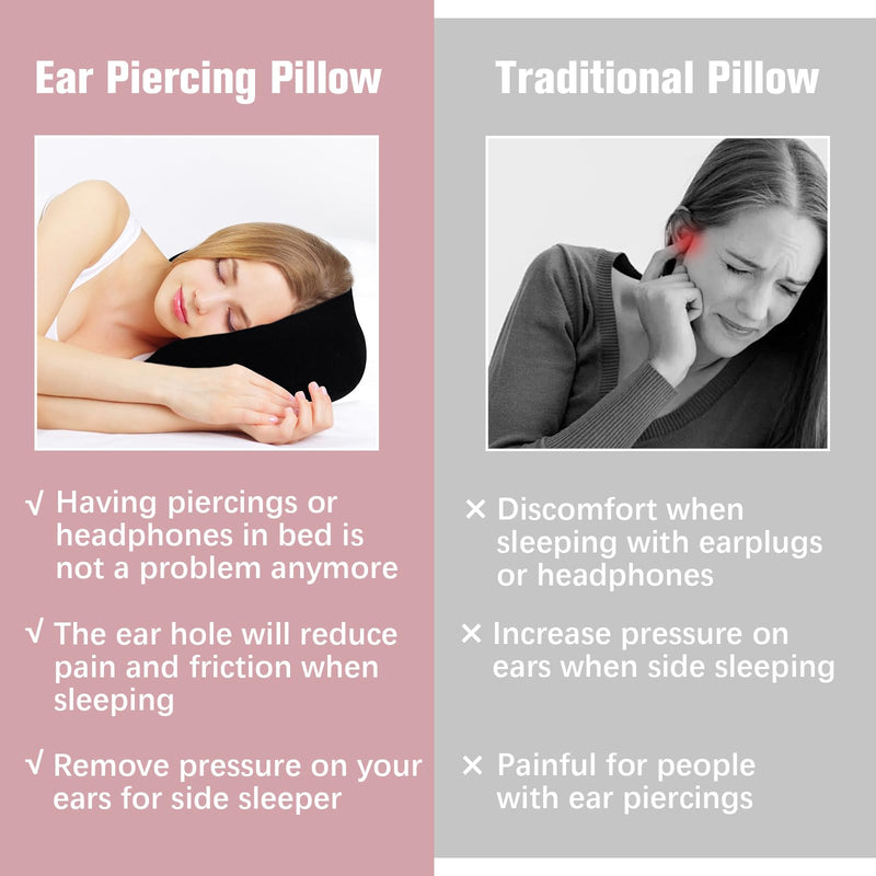 Ear Piercing Pillow for Side Sleepers, Ear Pillows with Holes for Pain, Earring Inflammation Pressure Sores, Cotton Earring Pillow for CNH Side Sleepers Black