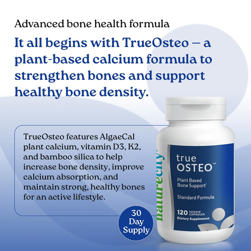 NatureCity True-Osteo Plant-Based Supplement for Bone Strength | AlgaeCal Calcium & Magnesium, Plant-Based Vitamin D3, Vitamin K2, Silicon| Gentle on Stomach (120 Veggie Capsules) 120 Count (Pack of 1)