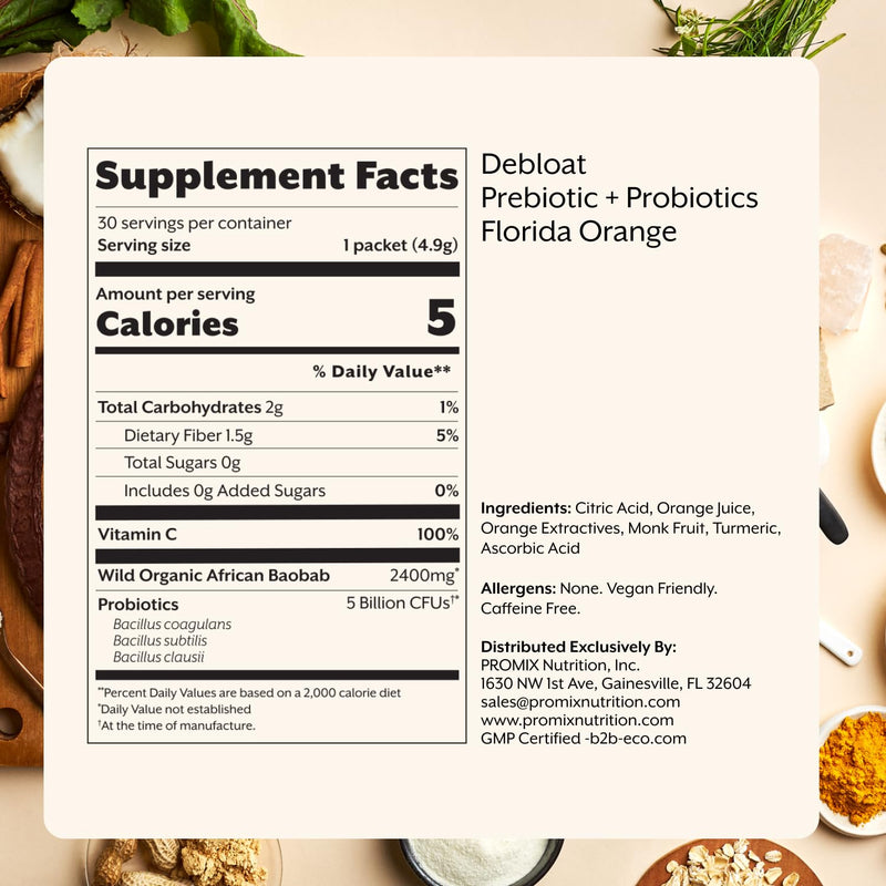 [Australia] - ProMix Nutrition Debloat Prebiotics and Probiotics with Baobab - Rich in Vitamin C, Bloating Relief, Immune Support - Orange - 30 Servings (Pack of 30) Florida Orange 0.17 Ounce (Pack of 30) 