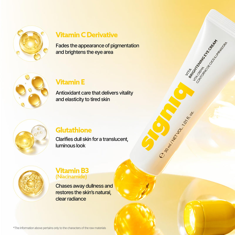 signiq VITA Brightening Eye Cream | Vitamin C | Hydrating Eye Care for Radiant Looking Skin | Korean Skincare, 1.01 fl.oz. Yellow