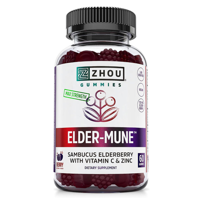 [Australia] - Zhou Elder-Mune Elderberry Gummies - Elderberry Vitamin C and Zinc, Daily Immune Support Supplemenet for Women & Men, Chewable Natural Black Elderberry for Adults & Children 4 & Up - 60 Gummies 60 Count (Pack of 1) 
