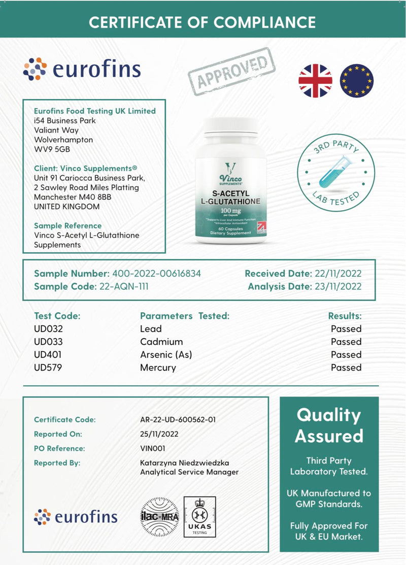 Vinco S-Acetyl L-Glutathione Supplement, 60 L-Glutathione Capsules, Antioxidant Supplement, Support Immune System & Neuron Health- 100mg per Serving, Protects Liver Function - Non-GMO & Gluten Free