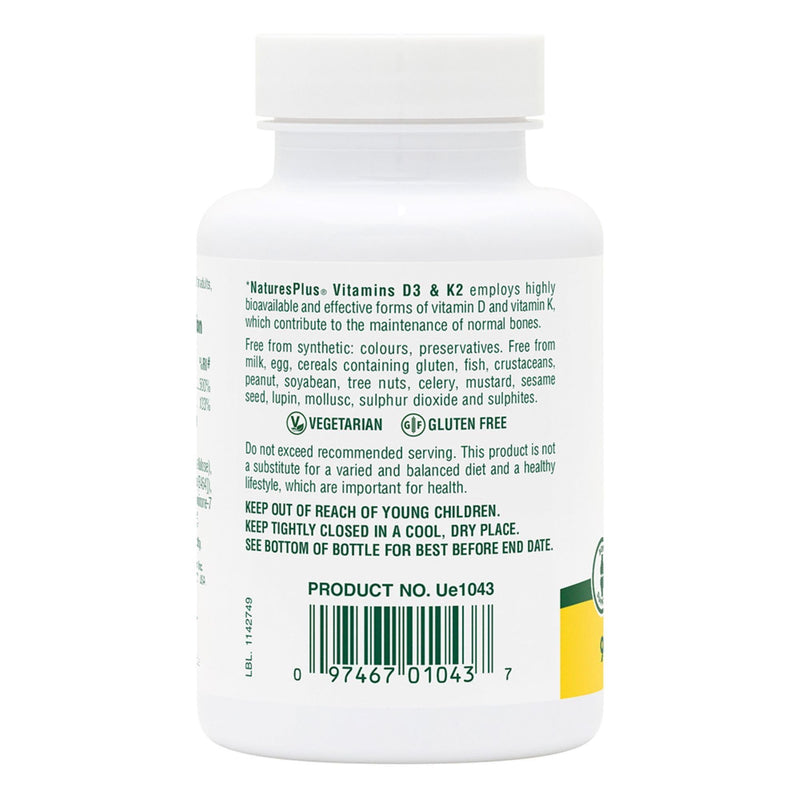 NaturesPlus Vitamin D3 Vitamin K2-1000 IU Vitamin D Supplement with 100 mcg Vitamin K – Bones and Immune System Support - Gluten Free, Vegetarian - 90 Capsules