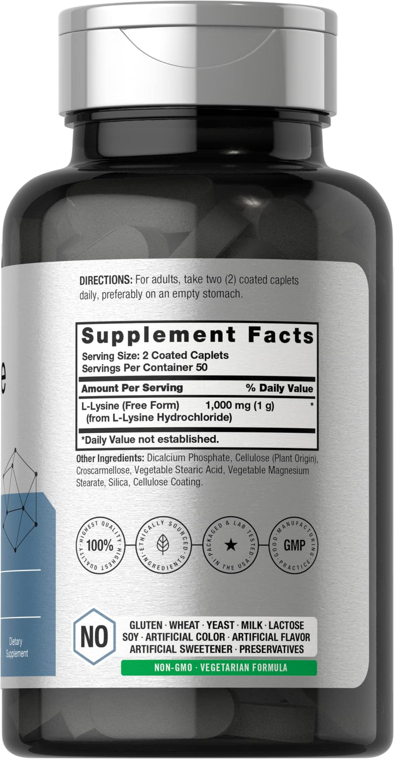 Horbäach L-Lysine 1000mg | 100 Coated Caplets | Free Form Dietary Supplement | Vegetarian, Non-GMO, and Gluten Free Formula 100 Count (Pack of 1)