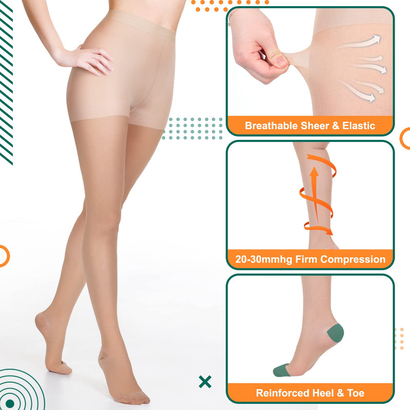 [Australia] - 3 Pairs Sheer Compression Pantyhose 20-30 mmHg Sheer Compression Stockings Graduated Sheer Compression Tight for Women Nude L Size 