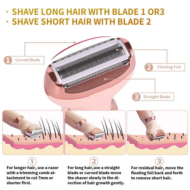 [Australia] - Electric Razors for Women, 5 in 1 Painless Ladies Wet & Dry Body Razors and Facial Hair Remover, Rechargeble Facial and Body Hair Remover for Face Nose Eyebrow Arms Armpit Legs Pubic Area (Pink) Pink 