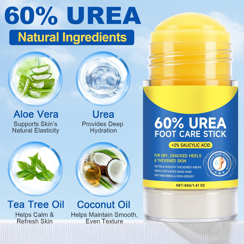 60% Urea Cream Stick plus 2% Salicylic Acid, Maximum Strength Urea Foot Cream Callus Remover for Dry Cracked Heels, Hands, Knees,Exfoliating Moisturizer, Dead Skin Remover Foot Balm 1.4oz (2pcs) 1.41 Fl Oz (Pack of 2)